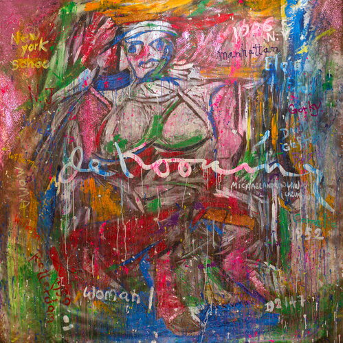 Michael Andrew Law — Untitled Art History Painting ( Willem de Kooning Woman I ) — Sparkling Expressive : What If Julian Schnabel goes Pop with Old Masters Art