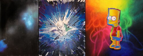 Michael Andrew Law — Untitled Big Bang Theory Triptych ( American Made : Simpson, Ben Day Universe, The Big Bang ) — Colorful Canvas Paintings
