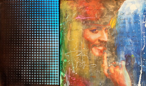Michael Andrew Law — Untitled Diptych Pop ( Johnny Depp as Jack Sparrow at Pirates of the Caribbean ) — Modern Day Roy Lichtenstein Ben Day Dots Paintings