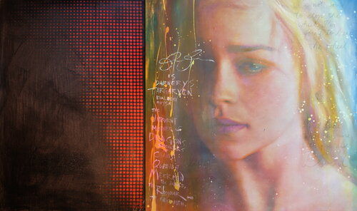 Michael Andrew Law — Untitled Diptych Pop (Chaos Culture Crashing with Emilia Clarke as Khaleesi Daenerys Targaryen of Game of Thrones ) — Colorful Canvas Paintings
