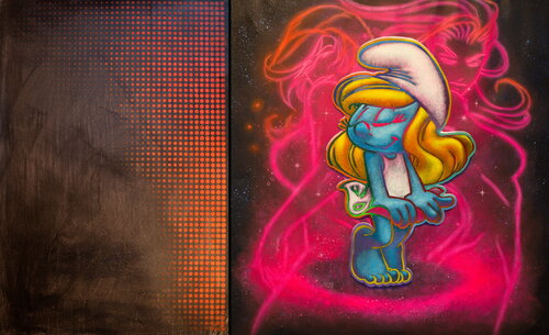Michael Andrew Law — Untitled Diptych Pop (Chaos Culture Crashing with Smurfette) — Colorful Canvas Paintings