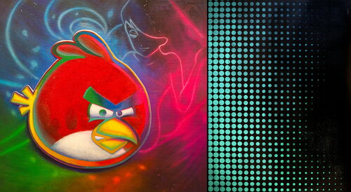 Michael Andrew Law — Untitled Diptych Pop (Chaos Culture with Angry Bird) — Colorful Canvas Paintings