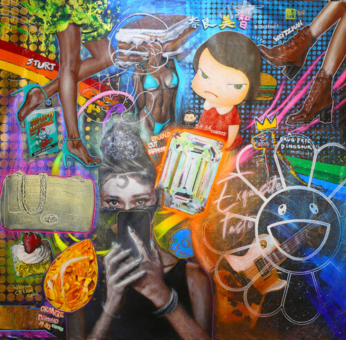 Michael Andrew Law — Untitled Exquisite Maximalism Pop (Audrey Hepburn selfie, Emerald cut Diamond, Jean-Michel Basquiat dinosaur, Murakami Flower, Nara Yoshitomo Knife behind back Girl) — Exquisite Maximalism Pop | Maximalist Pop Art