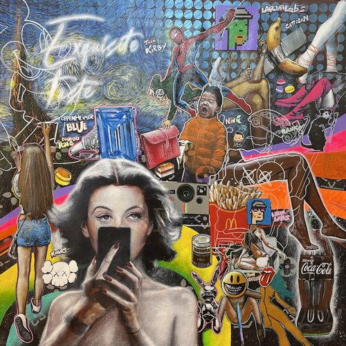 Michael Andrew Law — Untitled Exquisite Maximalism Pop (Hedy Lamarr selfie, Oppenheimer Blue Diamond, Van Gogh Starry, Larva Labs takes over leggy hot women) — Exquisite Maximalism Pop | Maximalist Pop Art