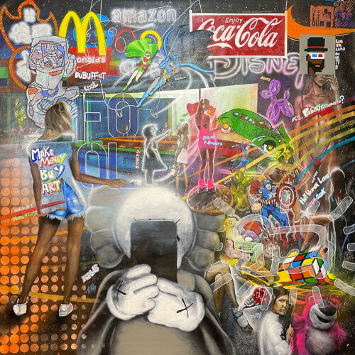 Michael Andrew Law — Untitled Exquisite Maximalism Pop (KAWS Skull selfie, Edward Hopper Nighthawks Restaurant Cafe, Geek stuff, Jean Dubuffet, Christopher Wool, Neon signs, sheldon, wonder woman, captain america, jeff koons, Picasso, Ruby Diamond Ring) — Exquisite Maximalism Pop | Maximalist Pop Art