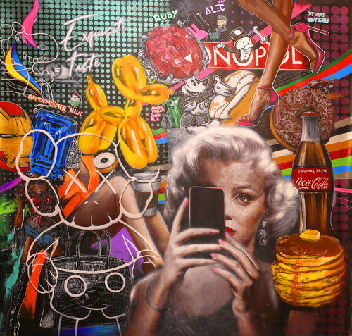 Michael Andrew Law — Untitled Exquisite Maximalism Pop (Marilyn Monroe selfie, Expensive Oppenheimer Blue Diamond Ring, Giant Ruby Ring, Jeff Koons Balloon Dog, Alec Monopoly, Hermès crocodile bag, Kaws, Snoopy, Wonder Woman, Pancake and Coca Cola Classic ) — Exquisite Maximalism Pop | Maximalist Pop Art