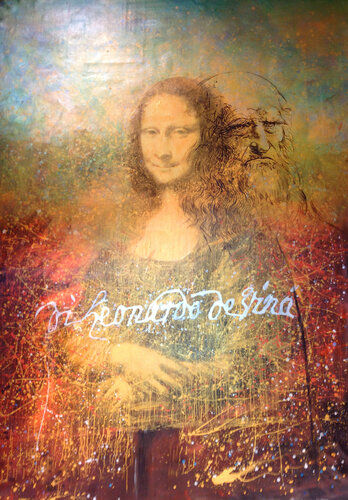 Michael Andrew Law — Untitled Mona Lisa in Metallic Paint (With Leonardo Da Vinci Portrait drawing) — Colorful Canvas Paintings