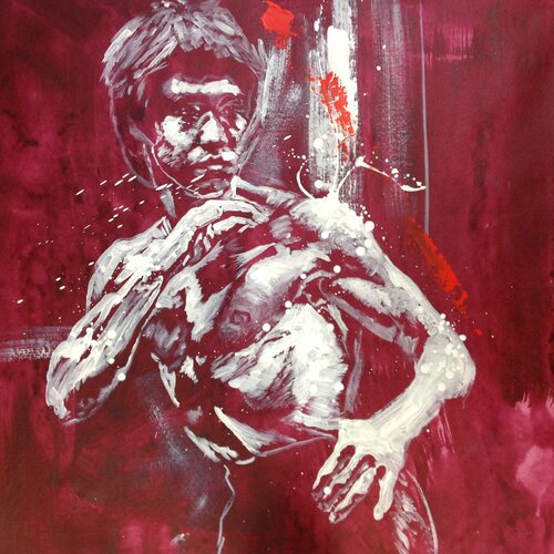 Michael Andrew Law — Untitled Red ( Red White and Bruce Lee ) — Monochrome Canvas Paintings