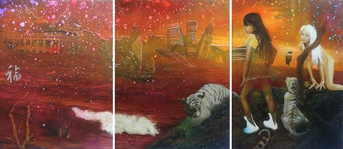 Michael Andrew Law — Untitled Triptych ( Humanity - Innalzamento della Croce ) — Colorful Canvas Paintings