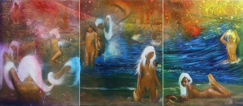 Michael Andrew Law — Untitled Triptych (Humanity - Temptatio Sancti Antonii) — Colorful Canvas Paintings