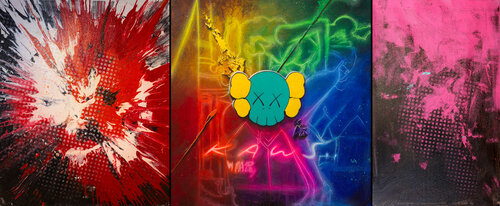 Michael Andrew Law — Untitled Triptych Pop (Chaos Culture: Kaws, Roy Lichtenstein Boom, Very Very Deep Deep Meditation) — Colorful Canvas Paintings