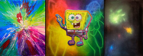 Michael Andrew Law — Untitled Triptych Pop (Chaos Culture: SpongeBob SquarePants, Roy Lichtenstein Boom, Very Very Deep Deep Meditation) — Colorful Canvas Paintings